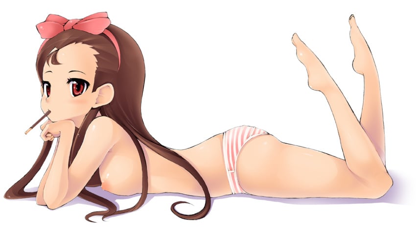 barefoot bow brown_eyes brown_hair eating error feet hairband idolmaster long_hair minase_iori nipples on_stomach panties pocky shachi_kamaboko simple_background solo striped striped_panties topless underwear underwear_only