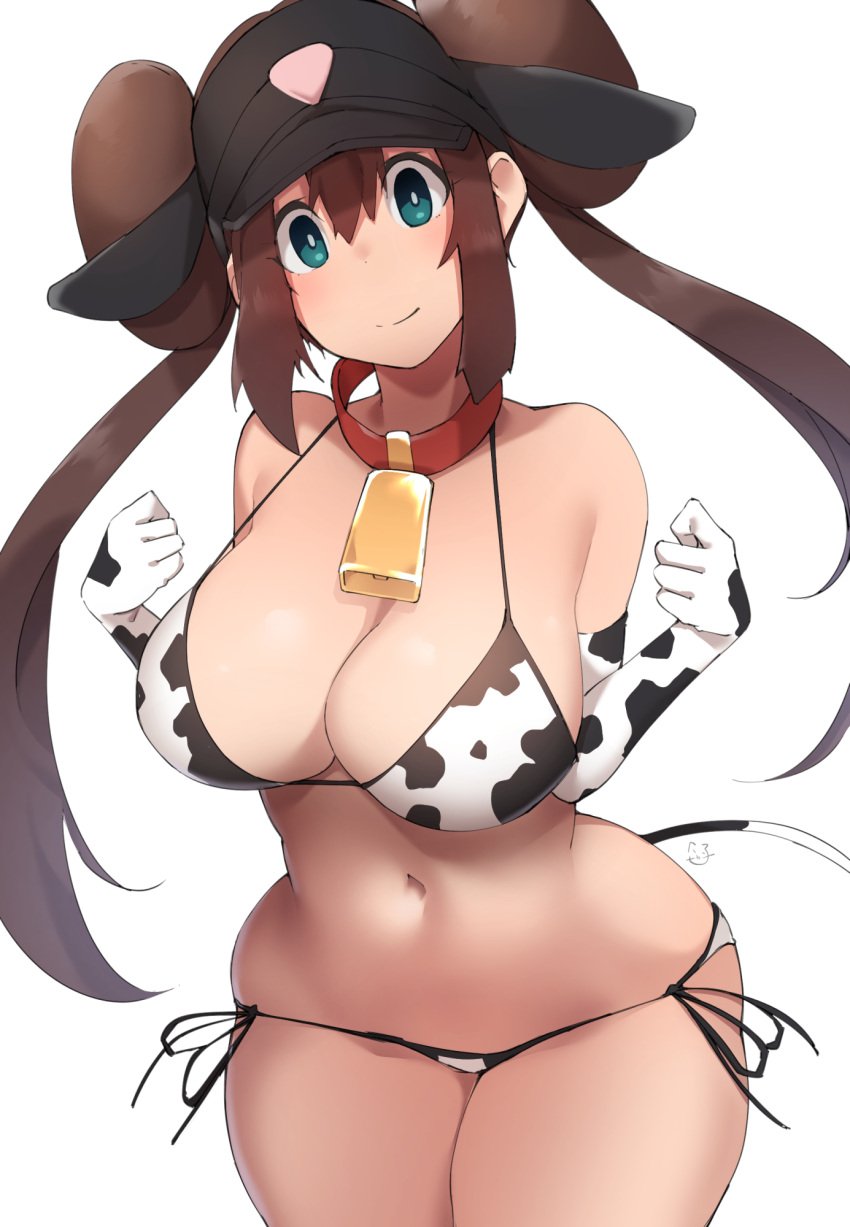 1girls 2021 2d_(artwork) alternate_breast_size bent_wrist bikini blue_eyes breasts brown_hair choker cleavage cow_bikini cow_print cow_print_armwear cowbell female female_only hat hi_res hips huge_breasts kuronyan long_hair looking_at_viewer nintendo pokemon pokemon_bw2 rosa_(pokemon) side-tie_bikini simple_background slim_waist smile thick_thighs thighs white_background wide_hips