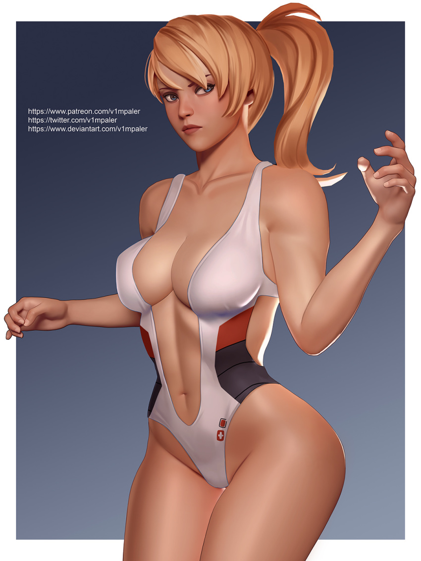 1girls big_breasts clothed_female female female_focus female_only long_hair mercy overwatch solo solo_female solo_focus v1mpaler