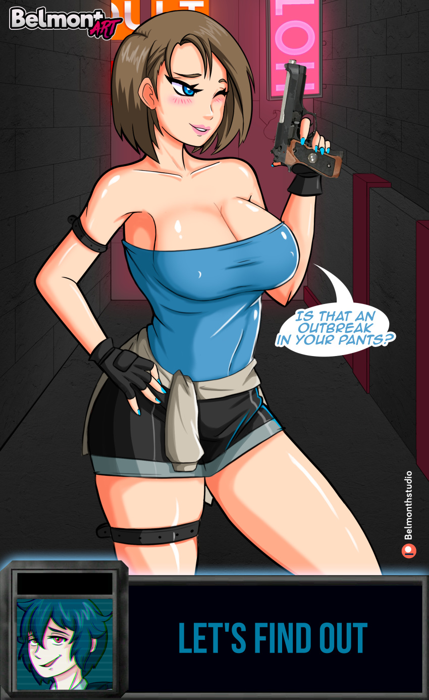 1girls belmont big_breasts blue_eyes bob_cut breasts brown_hair capcom clothed_female female female_focus female_only jill_valentine jill_valentine_(julia_voth) resident_evil resident_evil_3 short_hair solo solo_female solo_focus tubetop