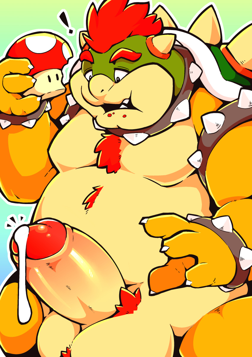 ! 1boy 2020 absurd_res anthro balls belly big_balls bodily_fluids bowser erection fungus genital_fluids genitals hi_res koopa male male_only mario_(series) mushroom nintendo overweight overweight_male penis precum scalie simple_background solo super_mario_bros. video_games zestibone