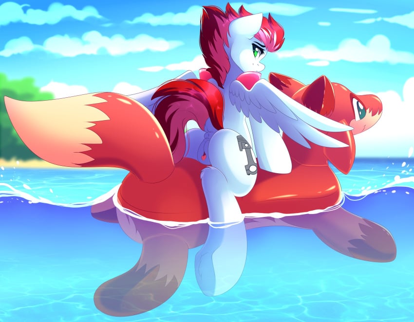 absurd_res airiniblock anus beach clitoral_winking clitoris cutie_mark dock equid equine feathered_wings feathers female feral floating fur furry genitals hasbro hi_res looking_at_viewer looking_back mammal mane my_little_pony outside pegasus pool_float pussy red_mane red_tail sea seaside solo swift_apex_(oc) water white_body white_fur wings