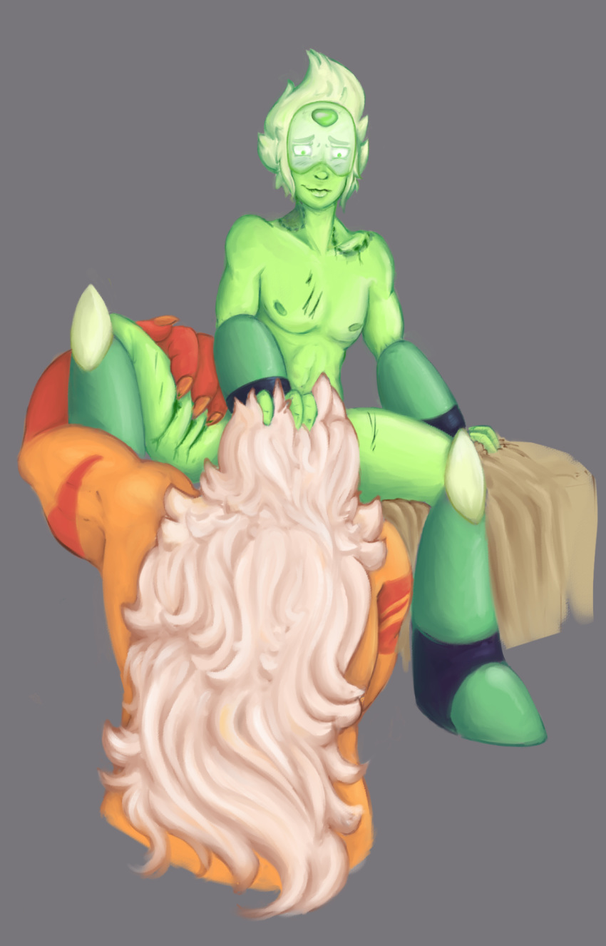 beige_hair bite_marks claw_marks green_skin hand_on_head jasper_(steven_universe) limb_enhancers muscular_female oral orange_skin peridot_(steven_universe) platinum_blonde_hair spread_legs steven_universe visor