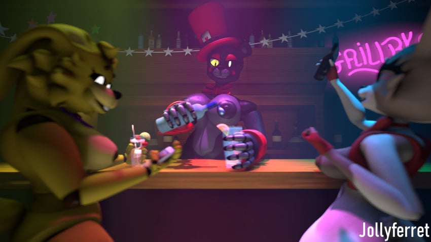 3d alcohol animatronic animatronics bartender bunny_ears bunny_girl busty_lefty cocktail drinking female female_only five_nights_at_freddy's five_nights_at_freddy's:_security_breach freddy_fazbear's_pizzeria_simulator jollyferret lefty lefty_(fnaf) robot robot_girl spring_bonnie spring_bonnie_(fnaf) vanny vanny_(fnaf)