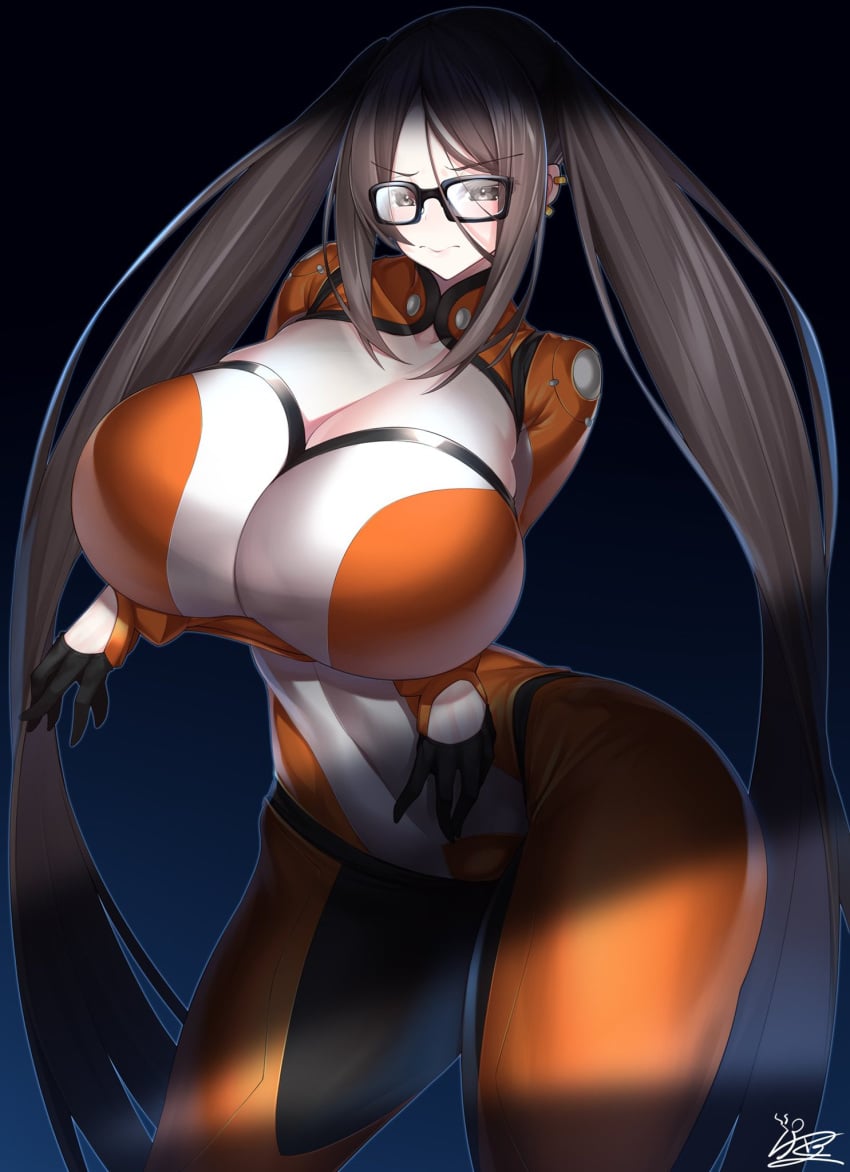 akuta_hinako alternate_breast_size alternate_costume arms_under_breasts brown_hair curvy fate/grand_order fate_(series) glasses huge_breasts large_breasts long_hair thick_thighs twintails watosu_(watosu_mama) yu_mei-ren_(fate)