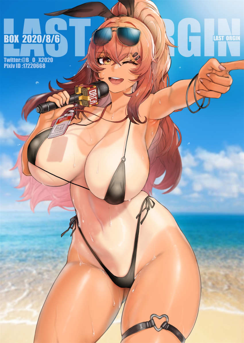 a-14b_spriggan armpits beach bikini black_swimsuit box20502017 breasts brown_eyes day eyewear_on_head female foreshortening hair_between_eyes hair_ornament hairclip heart_ring high_ponytail highleg highleg_bikini id_card lanyard large_breasts last_origin microphone o-ring o-ring_bikini one_eye_closed one_side_up outdoors pink_hair pointing sand side-tie_bikini smile solo string_bikini swimsuit tan tanline water wet xiangzi_box