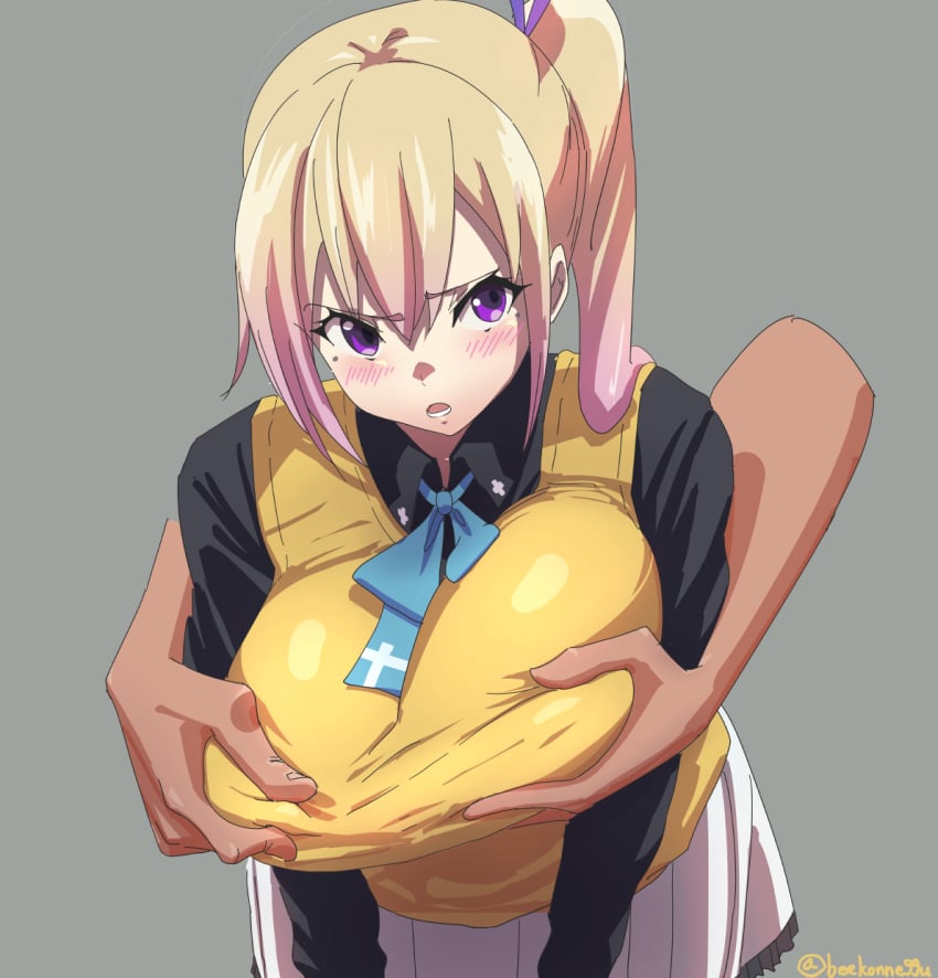 bacon_egg big_breasts blonde blonde_hair breast_grab clothed_female female groping groping_breast_without_consent kawakami_mai long_hair musaigen_no_phantom_world nipples nipples_visible_through_clothing purple_eyes straight