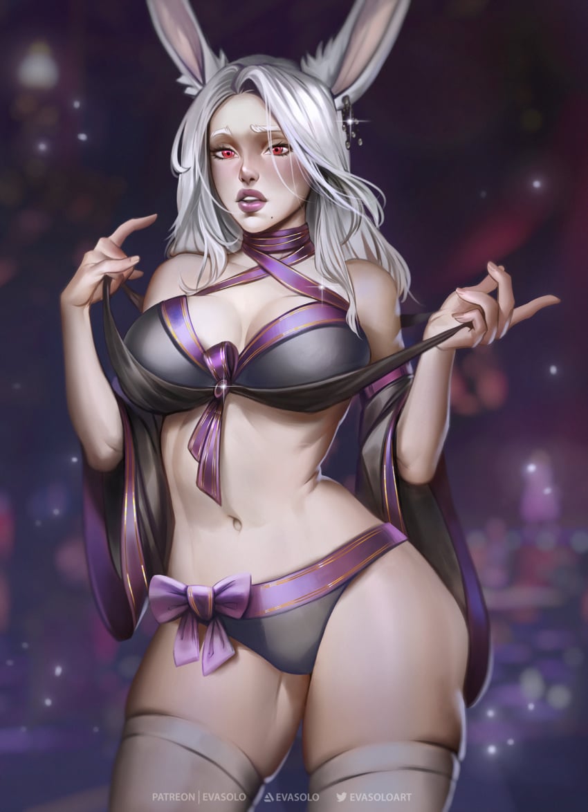 1girls blush bra breasts cleavage evasolo female female_only final_fantasy final_fantasy_xiv looking_at_viewer panties rabbit_humanoid skindentation solo thick_thighs thighhighs viera