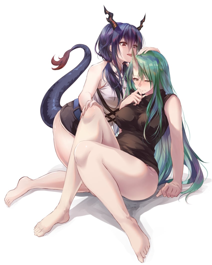 2girls arknights blue_hair ch'en_(arknights) dragon_horns dragon_tail female female_only green_hair horn hoshiguma_(arknights) legs licking_horn long_hair nipples_visible_through_clothing oni purple_eyes thighs twintails yellow_eyes yue_(lov_n_n)