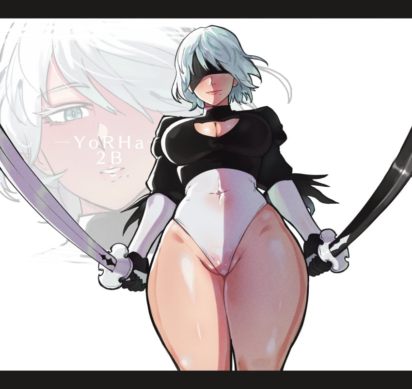 1girls android big_breasts blindfold breasts cameltoe female female_only fully_clothed hentaly leotard nier nier:_automata nier_(series) short_hair solo standing sword thick_thighs thighs wet_clothes yorha_2b