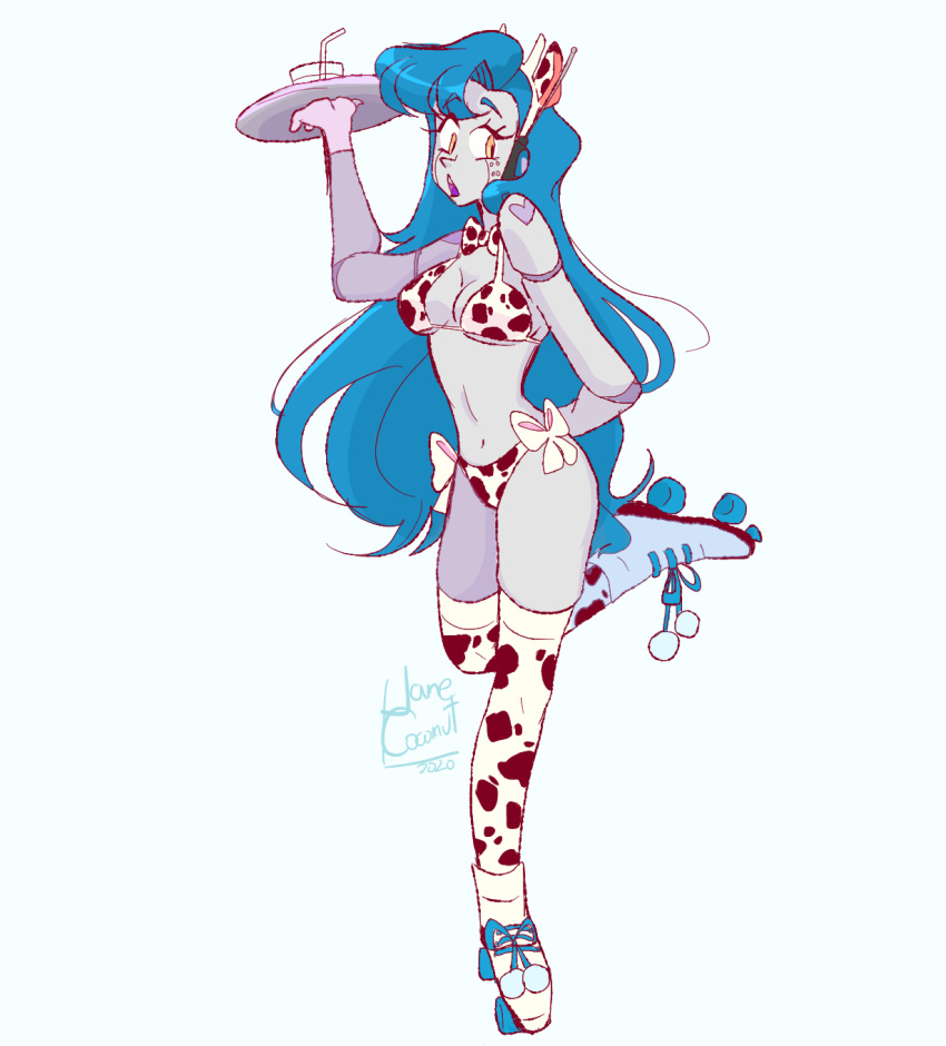 1girls antennae blue_hair commission commissioner_upload cow_girl cow_horns cow_print cow_tail cowsuit cute female female_focus female_only flustered holding_object holding_plate lewdxt lingerie long_hair metallic_body milk mystic_coconuts orange_eyes original_character pastel robot robot_girl robot_humanoid robotic_arm rollerblades thick_thighs thighhighs wholesome xt459