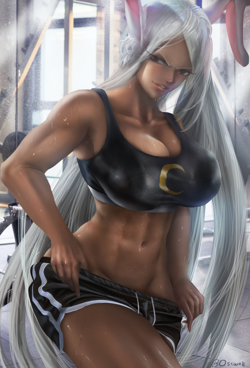 1girls big_breasts clothed_female dark-skinned_female dark_skin female female_focus female_only long_hair miruko my_hero_academia oscuroii red_eyes rumi_usagiyama solo solo_female solo_focus white_hair