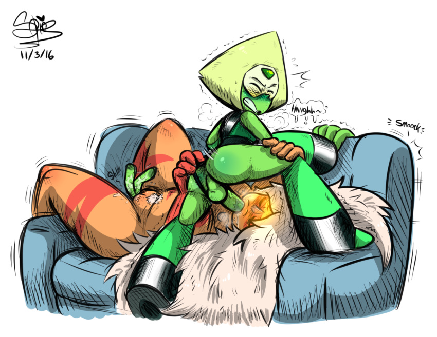 ass beige_hair clenched_teeth couch fellatio female fingering futa_on_female futanari green_skin hand_on_ass irrumatio jasper_(steven_universe) lifting_leg limb_enhancers muscular_female oral orange_skin peridot_(steven_universe) platinum_blonde_hair pubic_hair size_difference steven_universe thick_thighs visor