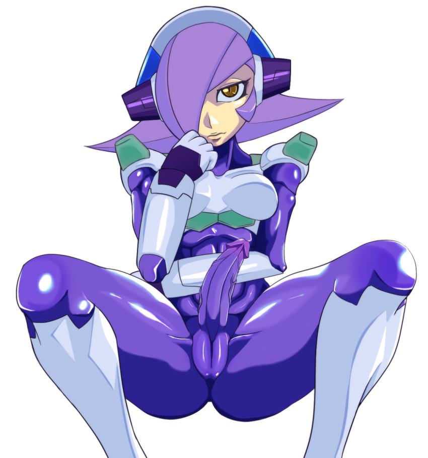 1futa akimon bodysuit breasts erection futa_only futa_sans_balls futanari looking_at_viewer lumine_(mega_man) mega_man mega_man_x one_eye_covered penis pussy reploid robot rule_63 solo solo_futa spread_legs squatting vagina