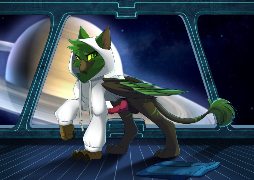 absurd_res airiniblock avian beak black_body black_fur clothing fan_character feathered_wings feathers feral fur furry green_body green_feathers green_tail gryphon hasbro hi_res hoodie inside looking_at_viewer male male_only multicolored_wings my_little_pony mythological_avian mythology planet ringed_planet solo space spacecraft tail_tuft talons topwear tuft vehicle window wings