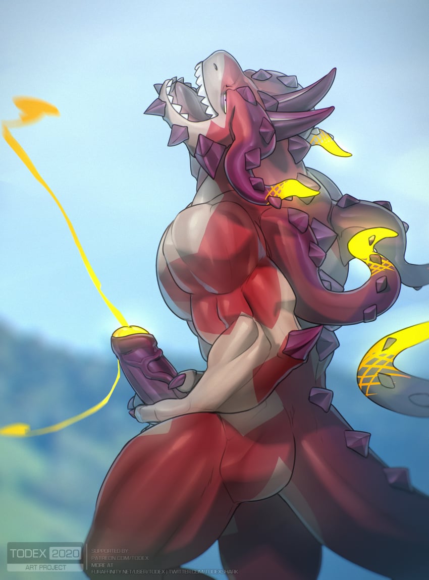1boy anthro anthro_only bodily_fluids claws cthugha_(tokyo_afterschool_summoners) cum dragon genital_fluids genitals hi_res horn male male_only masturbation nude penis smile solo todex tokyo_afterschool_summoners vein veiny_penis video_games