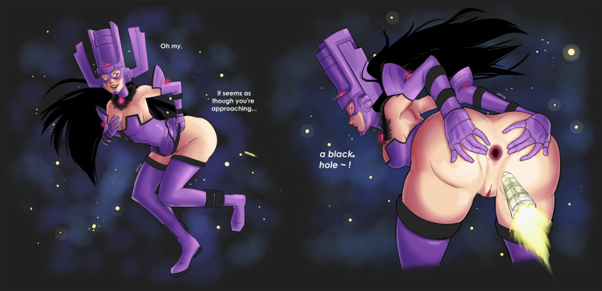 anus ass black_hair dress female galacta giantess goddess helmet imminent_anal marvel marvel_comics pussy rocket space thighhighs violet_eyes