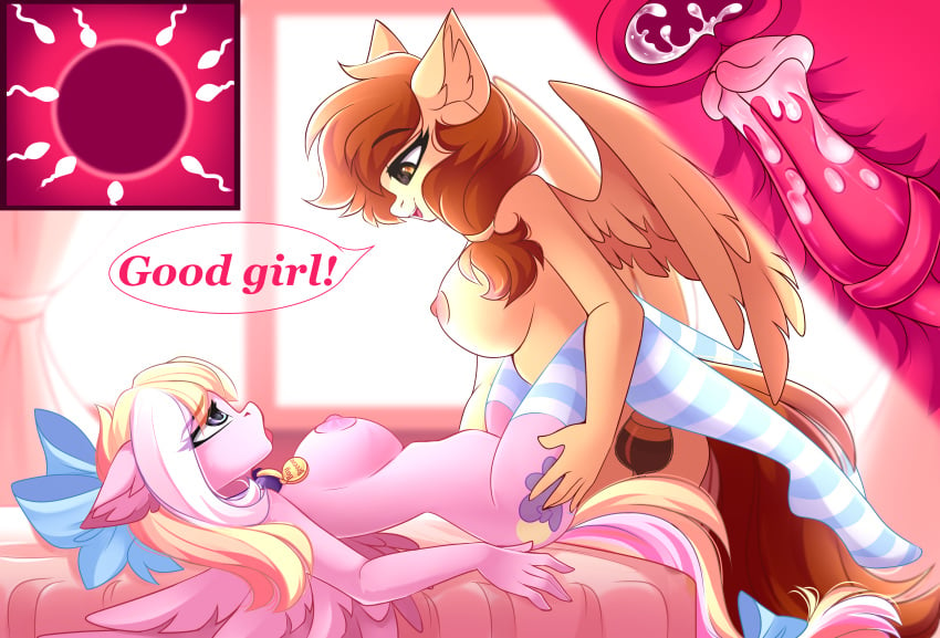 absurd_res accessory airiniblock animal_genitalia animal_penis anthro bay_breeze bed bedroom blonde_mane blonde_tail bodily_fluids breasts brown_mane brown_tail cervical_contact clothing collar collar_tag cum cum_in_uterus cum_inside cum_on_penis cutaway cutie_mark dialogue duo ears_back ejaculation equid equine equine_penis fan_character feathered_wings feathers female fur furniture furry genital_fluids genitals gynomorph gynomorph/female hair_accessory hair_ribbon hairbow hand_on_butt hasbro hi_res impregnation inner_ear_fluff internal intersex intersex/female legwear lying mammal mane medial_ring missionary_position my_little_pony nipples on_back on_bed open_mouth ovum pattern_clothing pattern_legwear pegasus penis pink_body pink_fur pivoted_ears ribbons sex smile socks spread_wings striped_clothing striped_legwear striped_socks stripes tan_body tan_fur thigh_highs tuft uterus wings