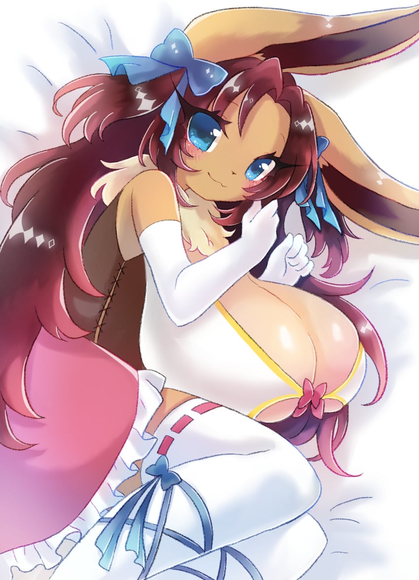 2020 :3 accessory armwear bare_shoulders bed bedroom big_breasts blue_bow blue_clothing blue_eyes blue_footwear blush breasts brown_hair cleavage cleavage_cutout cleavage_overflow clothed clothing commission commissioner_upload corset dress eevee elbow_gloves female footwear fully_clothed fur furniture furry glistening glistening_body glistening_breasts glistening_hair glistening_skin gloves hair hair_accessory hair_ribbon hairbow handwear hi_res huge_breasts humanoid_hands inner_ear_fluff inside kemono legwear lingerie long_hair looking_at_viewer lying naomi_minette neck_tuft nintendo on_side original original_character pink_clothing pink_dress pokémon_(species) pokemon pokemon_rgby portrait ribbon_legwear ribbons sandals sbi_arki shortstack side_view sideboob smaller_version_at_source smile solo thighhighs three-quarter_portrait topwear tuft two_side_up video_games white_clothing white_dress white_gloves white_legwear zettai_ryouiki