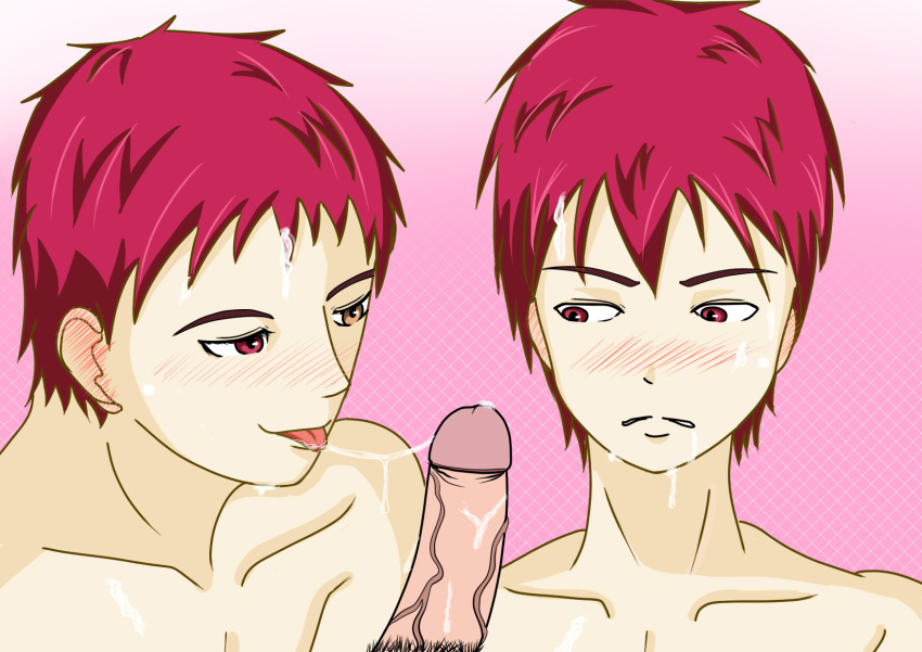 3boys akashi_seijuurou blush cum cum_on_face dual_persona heterochromia kuroko's_basketball kuroko_no_basuke male oral penis red_eyes red_hair seijuro_akashi selfcest short_hair tongue tongue_out yaoi