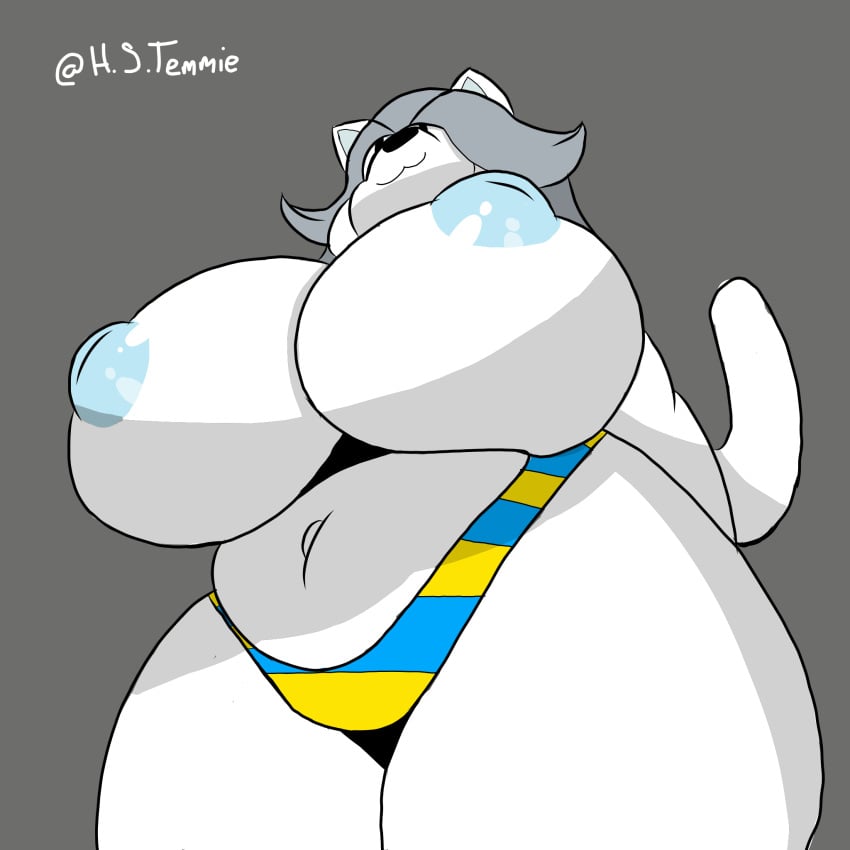 1:1 1girls artist_name blue_nipples breasts female grey_background grey_hair h-s-temmie inverted_nipples large_breasts navel nipples panties perspective solo striped_panties tail temmie temmie_(undertale) undertale white_fur