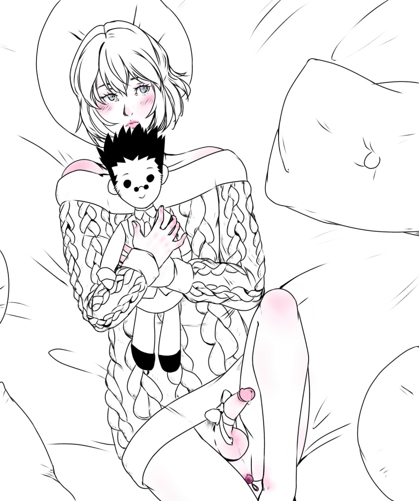 1boy anal_beads androgynous blush crossdrossing demonbab_y exposed_shoulders femboy hunter_x_hunter kurapika laying_on_bed leorio_paladiknight male_only pantless penis pillows plushie sweater