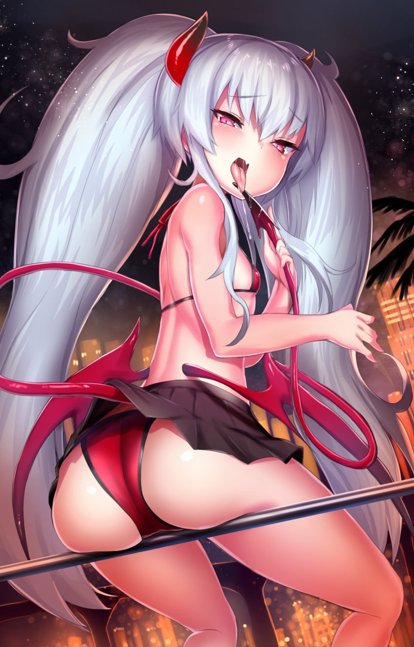 ass bikini blush breasts demon_girl demon_horns demon_tail demon_wings female from_behind grim_aloe high_resolution horns licking long_hair looking_at_viewer outdoors quiz_magic_academy red_bikini red_eyes saliva saliva_trail shiny shiny_hair shiny_skin silver_hair sitting skirt small_breasts solo swimsuit tail tied_hair tongue tongue_out twintails unizou very_high_resolution very_long_hair wings