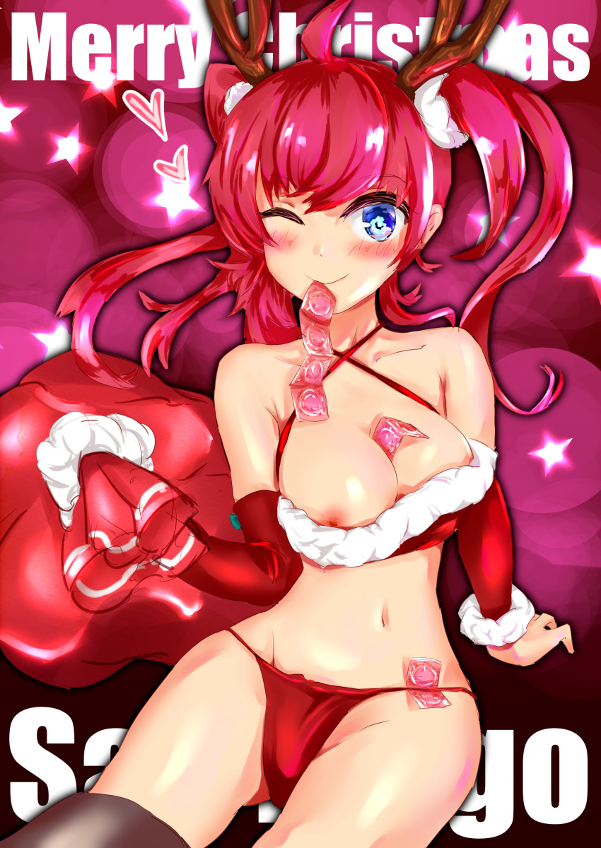 areolae ass azur_lane bag between_breasts blue_eyes blush bra breasts christmas christmas_outfit cleavage condom condom_wrapper fake_horns female female hat high_resolution horns large_breasts legs looking_at_viewer medium_breasts navel nipples one_eye_closed pantsu red_hair san_diego_(azur_lane) santa_costume smile socks underwear val_(escc4347) very_high_resolution