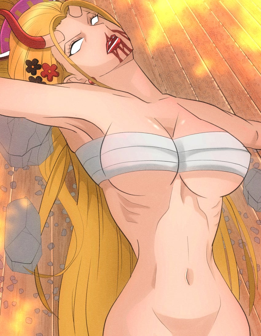 beast_pirates big_breasts black_maria blank_eyes bleeding_from_mouth blonde_hair blood breasts faintdrawing_(artist) female female_only geisha giantess horns kimono kimono_down knocked_out large_breasts navel oiran one_piece passed_out wano_country