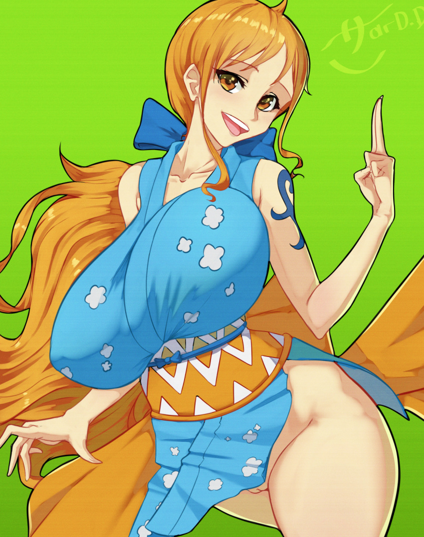 1girls 47_hard blue_clothing blue_kimono bouncing_breasts breasts clothing collar exposed_pussy female female_only green_background japanese_clothes kimono large_breasts looking_at_viewer nami nami_(one_piece) no_panties onami one_piece orange_hair pose post-timeskip pussy solo solo_female