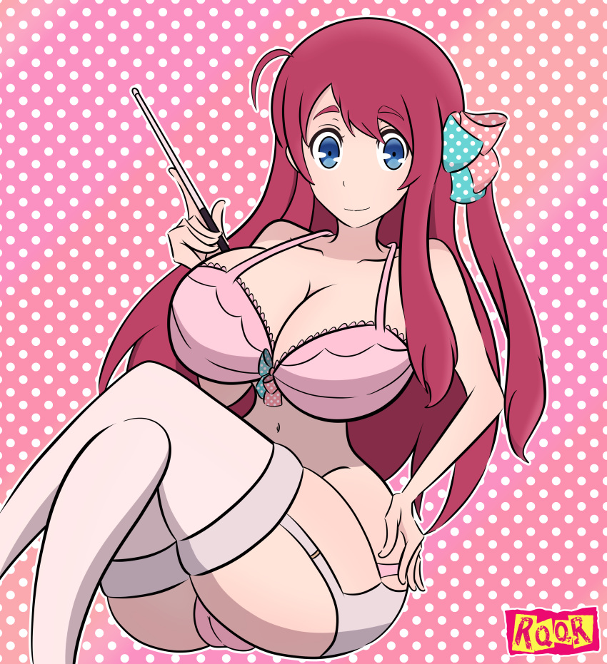 big_breasts bra garter_belt garter_straps lingerie minamoto_sakura panties panty_bulge pantyshot red_eyes red_hair ribbons rqqr stockings thick_thighs zombie_land_saga