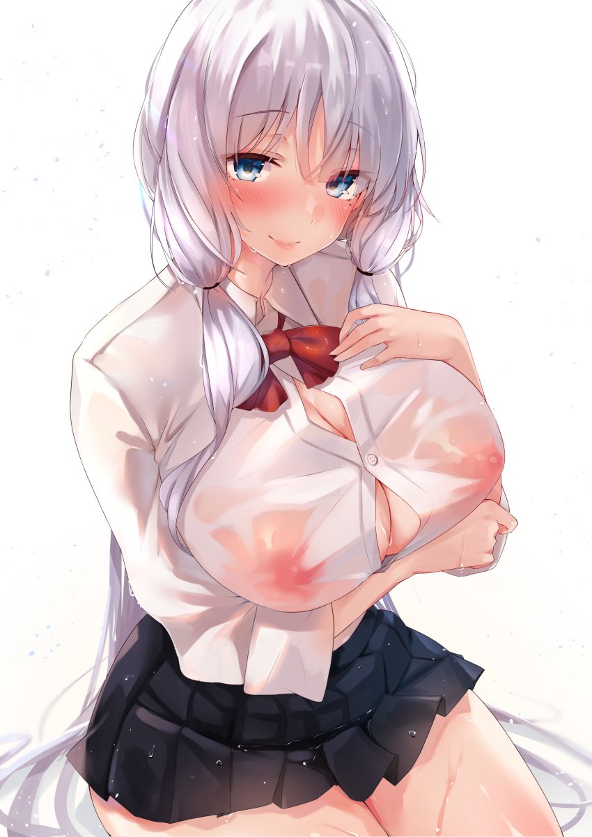 absurdres arm_under_breasts azur_lane bangs black_skirt blue_eyes blush bow bowtie breasts cleavage covered_nipples eyebrows_visible_through_hair female highres illustrious_(azur_lane) large_breasts long_hair looking_at_viewer low_twintails mole mole_under_eye pleated_skirt red_neckwear see-through shirt sitting skirt smile solo thighs twintails u_ronnta uniform wet wet_clothes white_shirt