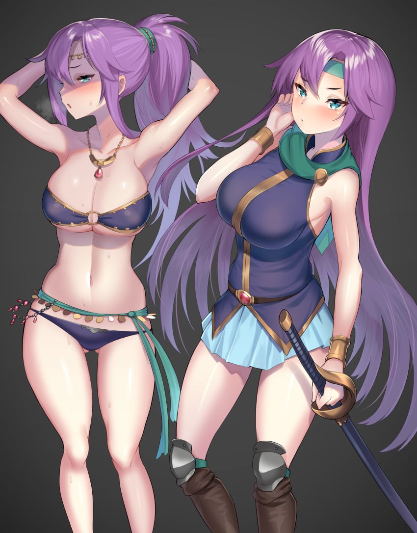 arms_up bandeau bare_shoulders blue_eyes blue_skirt bracelet breasts circlet clavicle cleavage dancer_(final_fantasy) faris_scherwiz female female_only final_fantasy final_fantasy_five final_fantasy_v furrowed_eyebrows gluteal_fold grey_background harem_outfit headband high_resolution holding holding_sword holding_weapon jewelry knee_pads large_breasts long_hair miniskirt navel necklace o-ring o-ring_top open_mouth ponytail purple_hair skirt sleeveless straight_hair strapless sword thighs tied_hair underboob unizou very_long_hair weapon