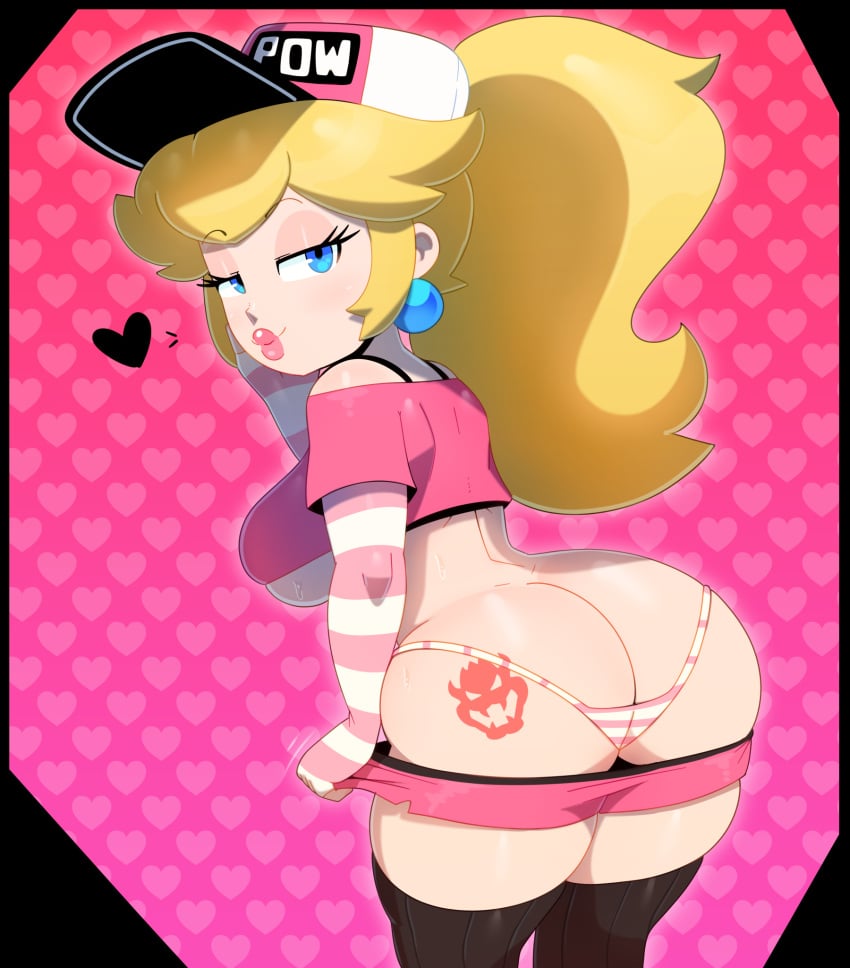 1girls ass ass_cleavage ass_focus bedroom_eyes big_ass big_breasts big_butt big_lips blonde_hair blue_eyes bowser_logo bowser_tattoo branding_mark breasts bubble_butt butt_crack cap crop_top curvaceous curvy dat_ass elbow_gloves enemy_conversion female female_only fingerless_gloves from_behind gloves half-closed_eyes heart huge_ass huge_breasts lips lipstick long_hair long_ponytail looking_at_viewer looking_back mario_(series) midriff nintendo panties pawg pin_up_peach_(somescrub) pink_background pink_lips pink_lipstick ponytail princess_peach seductive seductive_eyes seductive_look seductive_smile short_shorts shorts skimpy skimpy_clothes solo somescrub sweat tattoo thick_lips thick_thighs thighhighs thighs thong tied_hair tramp_stamp underboob underwear voluptuous zettai_ryouiki