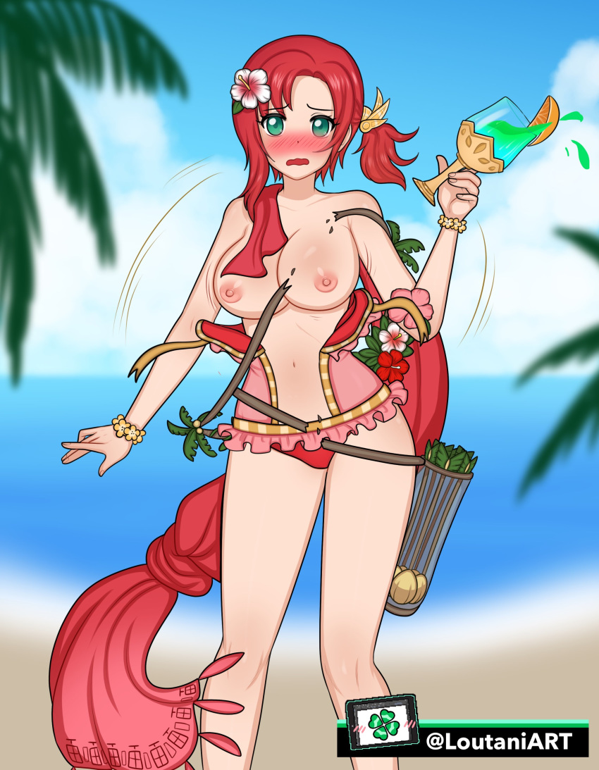 1girls arrow arrows bare_legs beach big_breasts bikini blush bow drink embarrassed exposed_breasts female fire_emblem fire_emblem:_new_mystery_of_the_emblem fire_emblem:_shadow_dragon flower flower_in_hair glass green_eyes heavy_blush large_breasts loutaniart nintendo nipples norne_(fire_emblem) palm_tree partially_clothed ponytail quiver red_bikini red_hair red_swimsuit ripped_clothing scarf seaside solo solo_female swimsuit torn_clothes wardrobe_malfunction