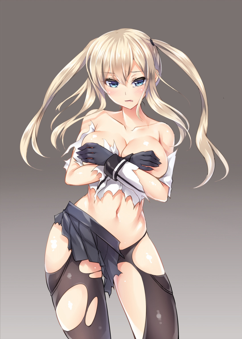 1girls blonde_hair blue_eyes breasts character_request covering_breasts gloves kinosaki_yuki looking_at_viewer navel solo solo_female tagme tears torn_clothes torn_dress torn_shirt wide_hips