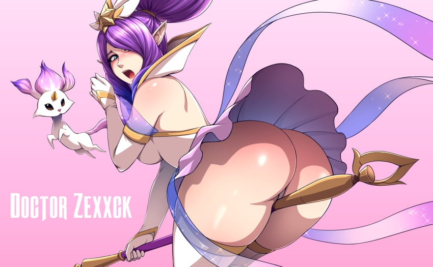 1girls artist_name ass backboob big_ass blush janna_windforce league_of_legends pointy_ears ponytail purple_hair star_guardian_janna star_guardian_series surprised tagme thick_thighs thighhighs upskirt wide_hips zexxck