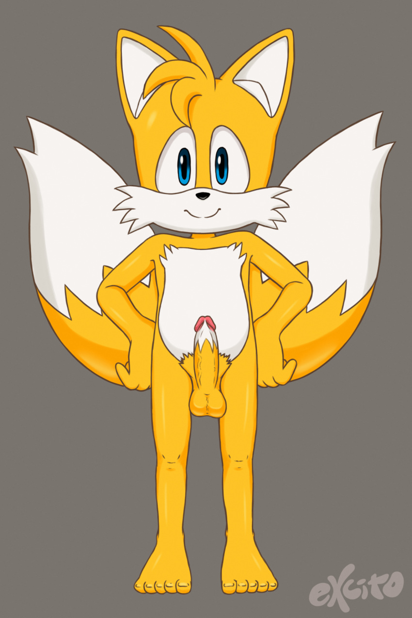 2020 2_tails anthro balls black_nose blue_eyes canid canine digital_media_(artwork) erection excito fox front_view fur genitals grey_background hair hands_on_hips hi_res looking_at_viewer male male_only mammal multi_tail multicolored_body multicolored_fur nude orange_body orange_fur orange_hair penis pubes signature simple_background solo sonic_(series) sonic_the_hedgehog_(series) standing tails two_tone_body two_tone_fur white_body white_fur