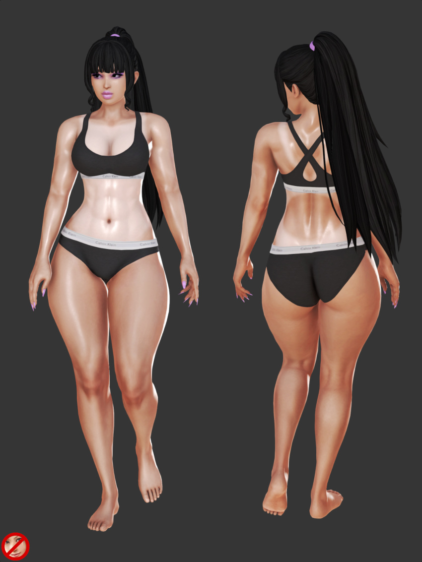 3d abs ass bangs barefoot big_ass big_breasts bimbo black_eyes black_hair calvin_klein character_sheet dark_eyes dark_hair fake_breasts feet honey_select ihateasuka implants lipstick long_nails makeup nails original_character ponytail soles sports_bra studio_neo tan tanline tanlines thick_lips thick_thighs