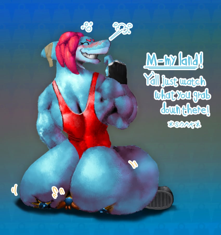 anthro big_butt blush boots butt_crush butt_grab buttcrush conadolpomp embarrassed facesitting femdom fingerless_gloves grinning hi_res huge_ass leotard mini_giantess mixed_wrestling original_character shark shark_girl sitting_on_person size_difference squeezing text tomboy wrestling