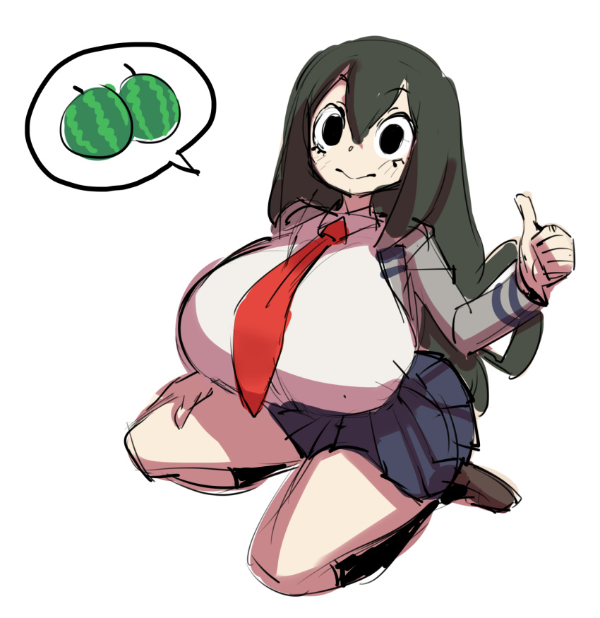 amphibian amphibian_humanoid animal_humanoid big_breasts big_eyes big_head black_hair black_skirt borvar bottomwear breasts busty clothed clothing color colorized dark_hair eyelashes female food frog frog_humanoid fruit gesture grey_hair hair hand_on_leg hand_on_thigh hi_res huge_breasts humanoid long_hair looking_at_viewer melon my_hero_academia necktie neoteny plant pleated_skirt red_necktie red_neckwear school_uniform simple_background sketch skirt small_but_busty smile socks solo speech_bubble thighs thumbs_up tight_clothing tsuyu_asui uniform watermelon white_background