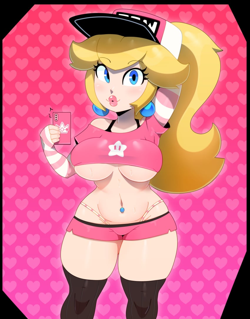 1girls big_breasts big_lips blonde_hair blue_eyes breasts bubble_butt cap crop_top curvaceous curvy elbow_gloves female female_only fingerless_gloves front_view gloves heart holding_phone huge_breasts lips lipstick long_hair long_ponytail looking_at_viewer mario_(series) midriff navel_piercing nintendo panties phone pin_up_peach_(somescrub) pink_background pink_lips pink_lipstick ponytail princess_peach puckered_lips selfie short_shorts shorts skimpy skimpy_clothes smartphone solo somescrub sweat thick_lips thick_thighs thighhighs thighs thong tied_hair underboob underwear voluptuous whale_tail zettai_ryouiki