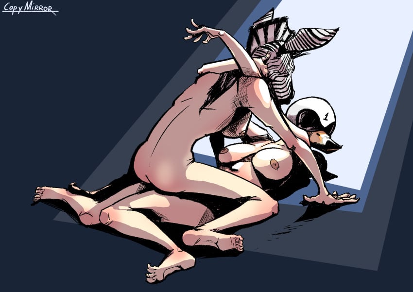 alex_(hotline_miami_2) animal_mask ass black_hair breasts copymirror corey_(hotline_miami_2) duo feet female hotline_miami hotline_miami_2 human masked nude on_top tagme