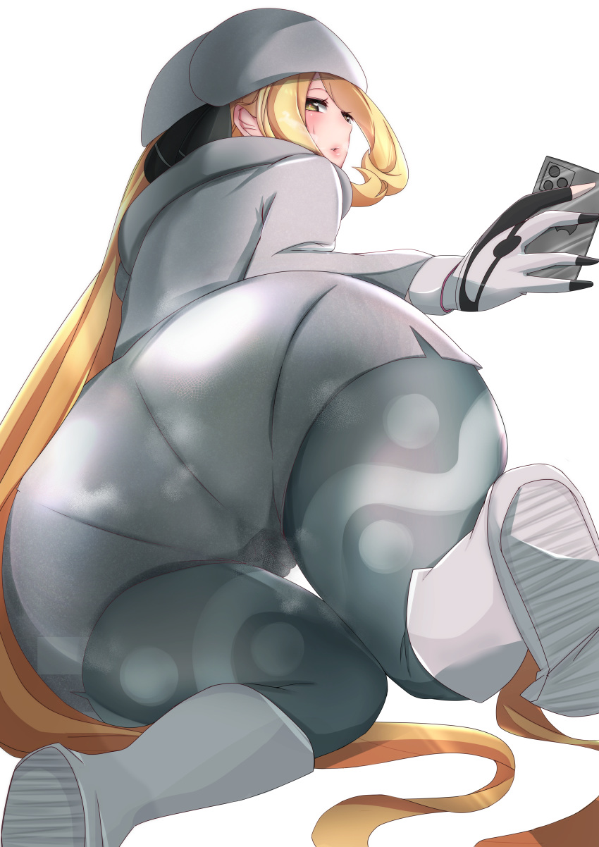 1girls ass big_ass blonde_hair blush bottom_heavy cynthia_(pokemon) female fully_clothed huge_ass kikikitama large_ass leggings long_hair melony_(pokemon)_(cosplay) midriff nintendo pale-skinned_female pale_skin pantylines phone pokemon pokemon_dppt pokemon_ss selfie shorts thick_ass thick_thighs very_long_hair white_background