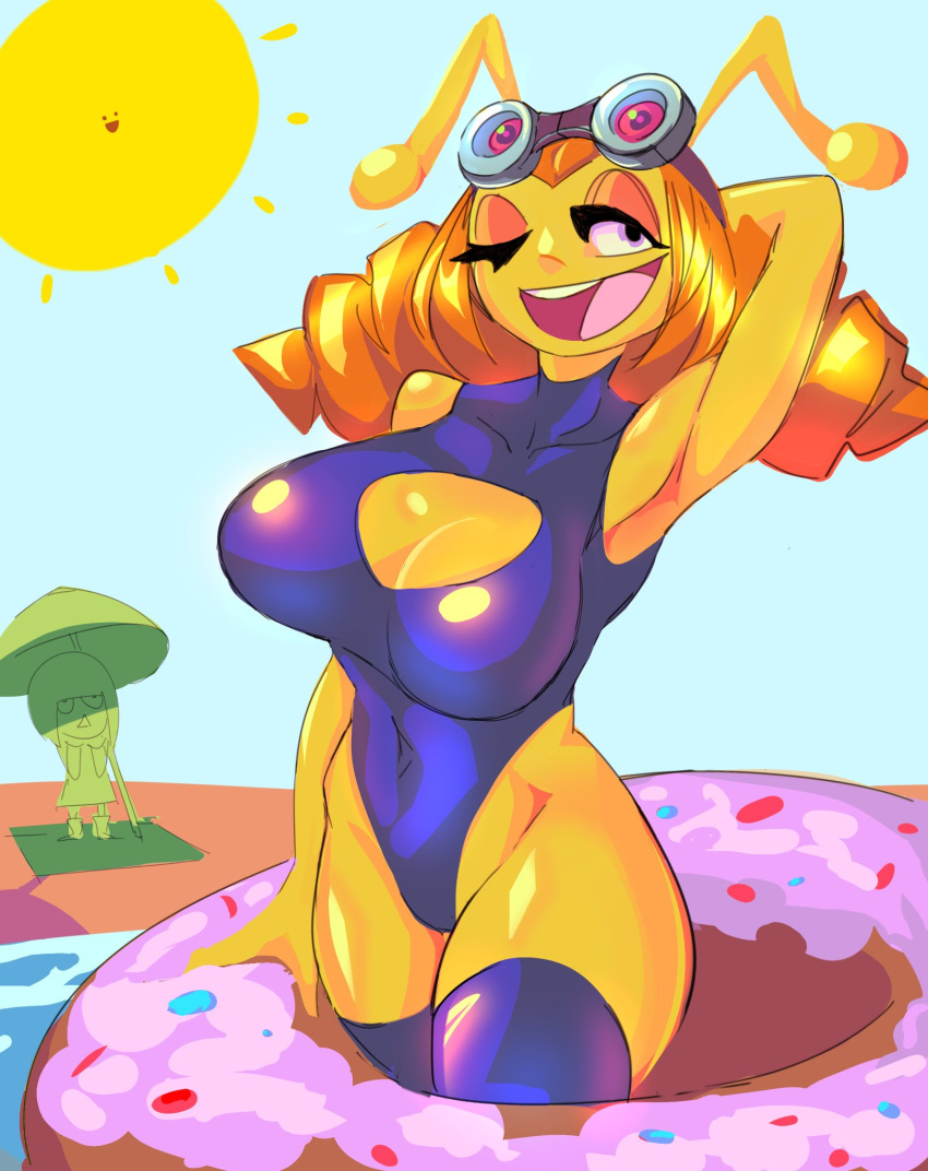 2girls alien antennae beach big_breasts curly_hair female_only hands_up_(joel_g) joel_g margo_(joel_g) one_arm_up one_eye_closed one_piece_swimsuit orange_hair orange_skin sea smile smiling swimsuit thick_thighs ula_(joel_g) windowlfarts yellow_skin