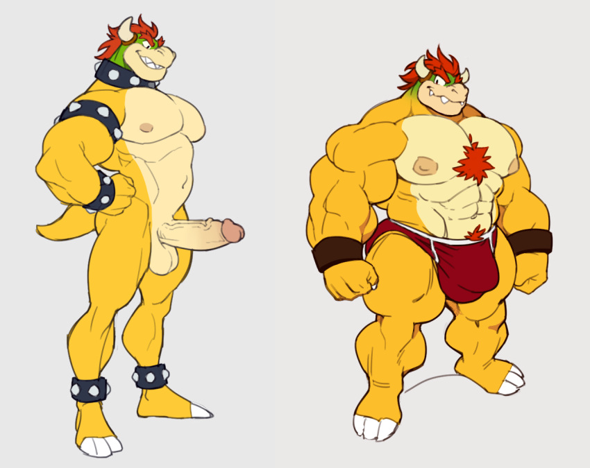 abs analon_(artist) anthro balls big_arms body_hair bowser briefs chest_hair clothed clothing croconut genitals grey_background hair humanoid_genitalia humanoid_penis koopa looking_at_viewer male male_only mario_(series) muscular muscular_anthro muscular_male navel nintendo partially_clothed penis pubes red_hair scalie simple_background solo toomanyboners topless underwear video_games