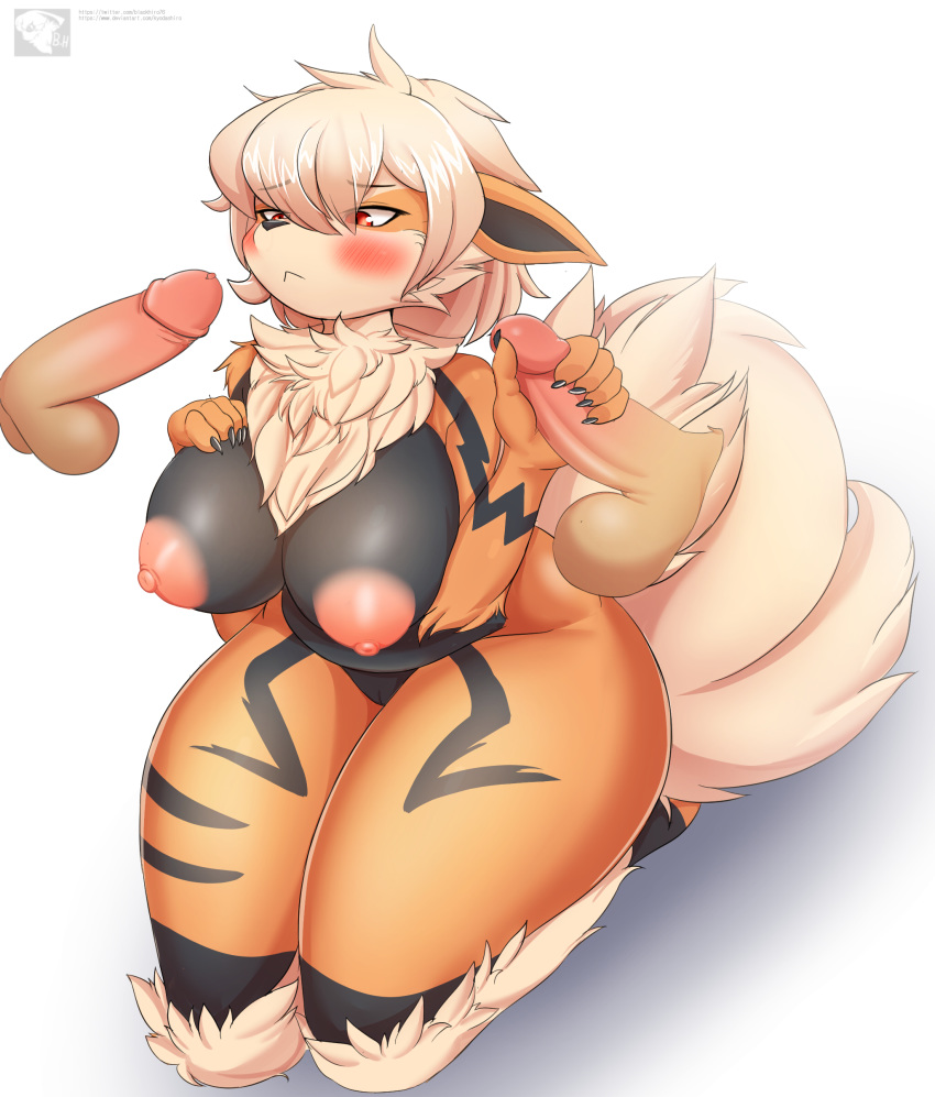 1girls absurd_res anthro arcanine blackhiro76 blush boobs breasts canid canine disembodied_penis erection female fur genitals hi_res human kasumi_(garasaki) kyodashiro male mammal nintendo nude penis pokemon pokemon_(species) pokemon_rgby video_games