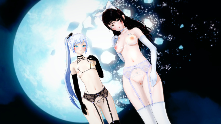 3d areolae blake_belladonna breasts extremesoda nipples no_panties pussy rwby weiss_schnee