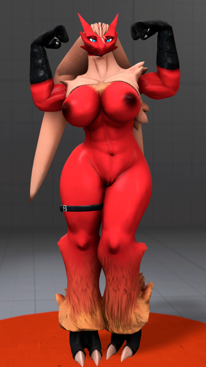 3d 9:16 anthro areola big_breasts blaziken blue_eyes breasts claws female genitals hi_res humanoid_genitalia humanoid_pussy looking_at_viewer mammal muscular muscular_anthro nintendo nipples nude pokemon pokemon_(species) pose pussy sfm_default_map solo source_filmmaker thick_thighs video_games yiezzas