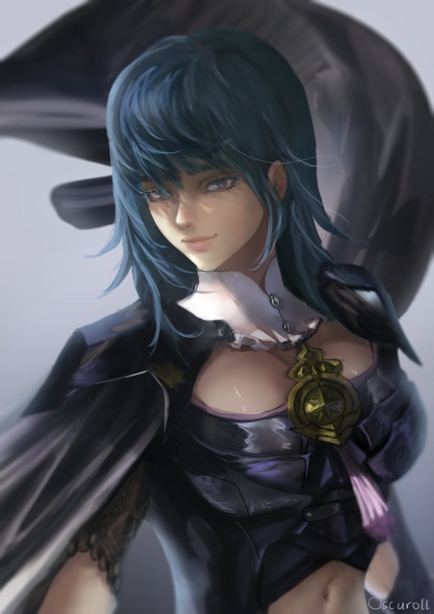 1girls armor blue_eyes blue_hair byleth_(fire_emblem) byleth_(fire_emblem)_(female) cleavage female fire_emblem fire_emblem:_three_houses huge_breasts large_breasts lips midriff nintendo oscuroii smile solo teal_hair thick_lips